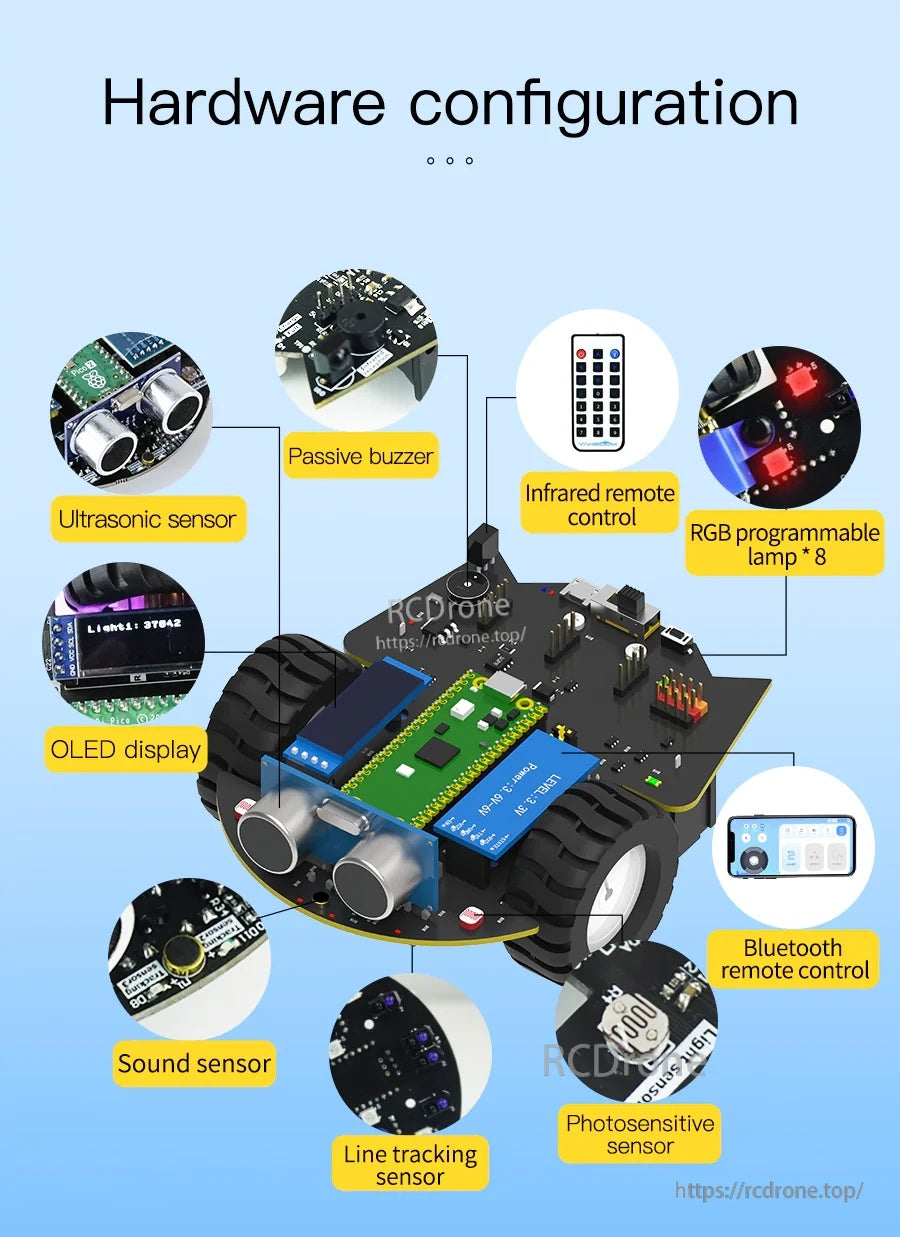 Yahboom Pico 2 robot car hardware configuration with ultrasonic sensor, OLED display, IR remote, RGB lights, and line tracking