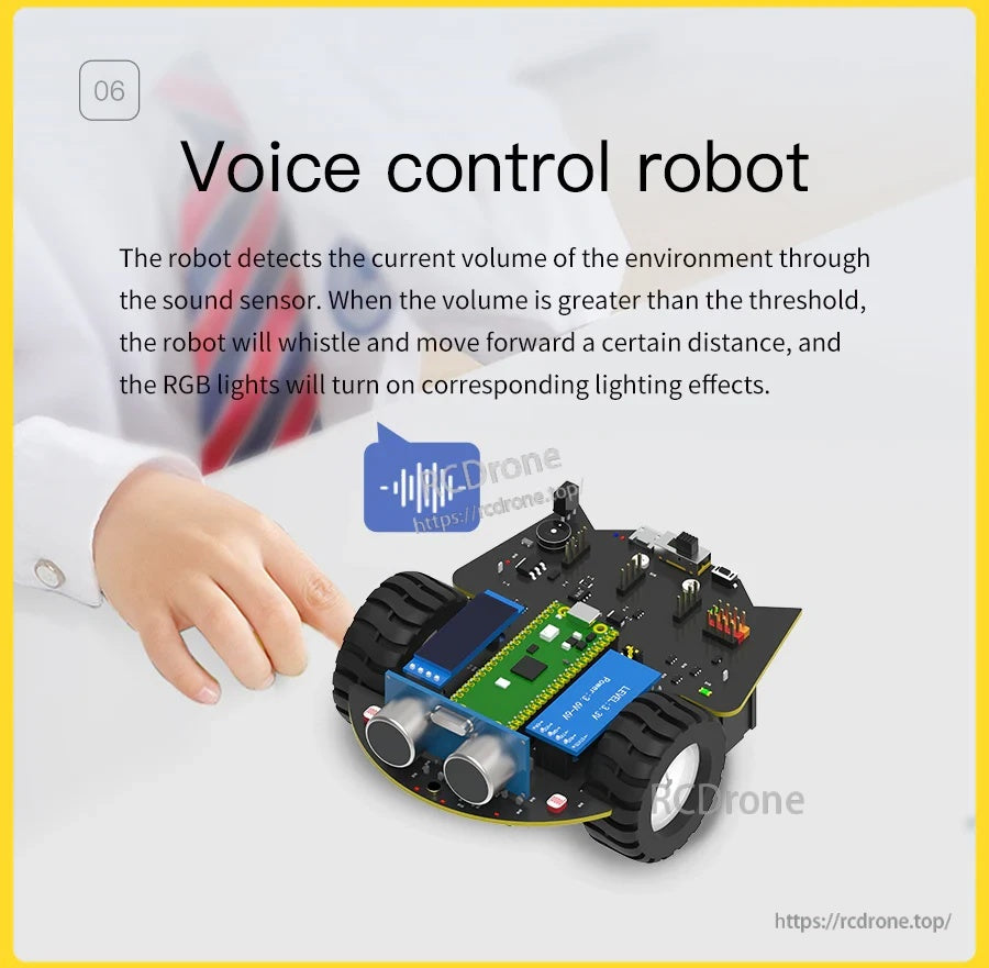 Voice control feature using onboard sound sensor to trigger movement and RGB lighting effects