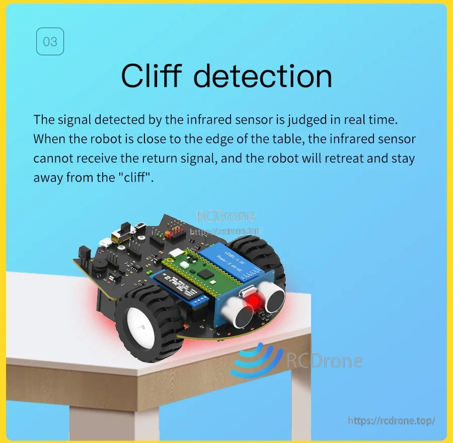 Cliff detection mode graphic with robot car near a table edge using infrared sensing to avoid drops