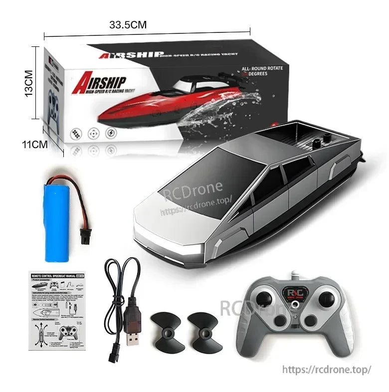Cyberpunk 2.4GHz High‑Speed RC Boat, High-speed RC airship yacht with 2.4GHz control, full rotation, battery, USB cable, propellers, manual, and controller included.
