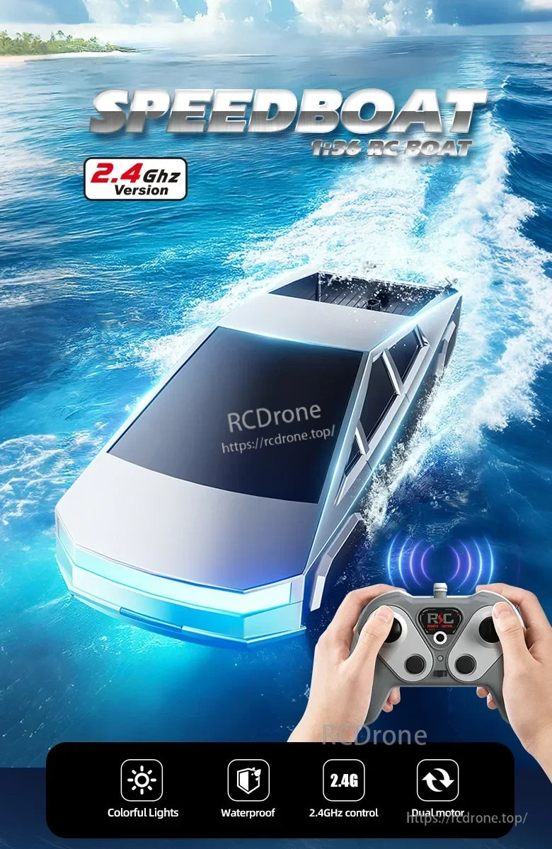 Cyberpunk 2.4GHz High‑Speed RC Boat, High-speed RC boat with 2.4GHz remote, dual motors, waterproof design, and colorful LED lights for thrilling, all-weather aquatic adventures.