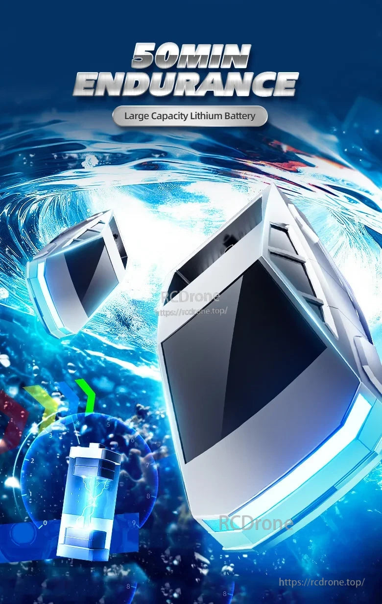 Cyberpunk 2.4GHz High‑Speed RC Boat, High-speed RC boat with cyberpunk design, futuristic water action, and 50-minute endurance powered by a large-capacity lithium battery.