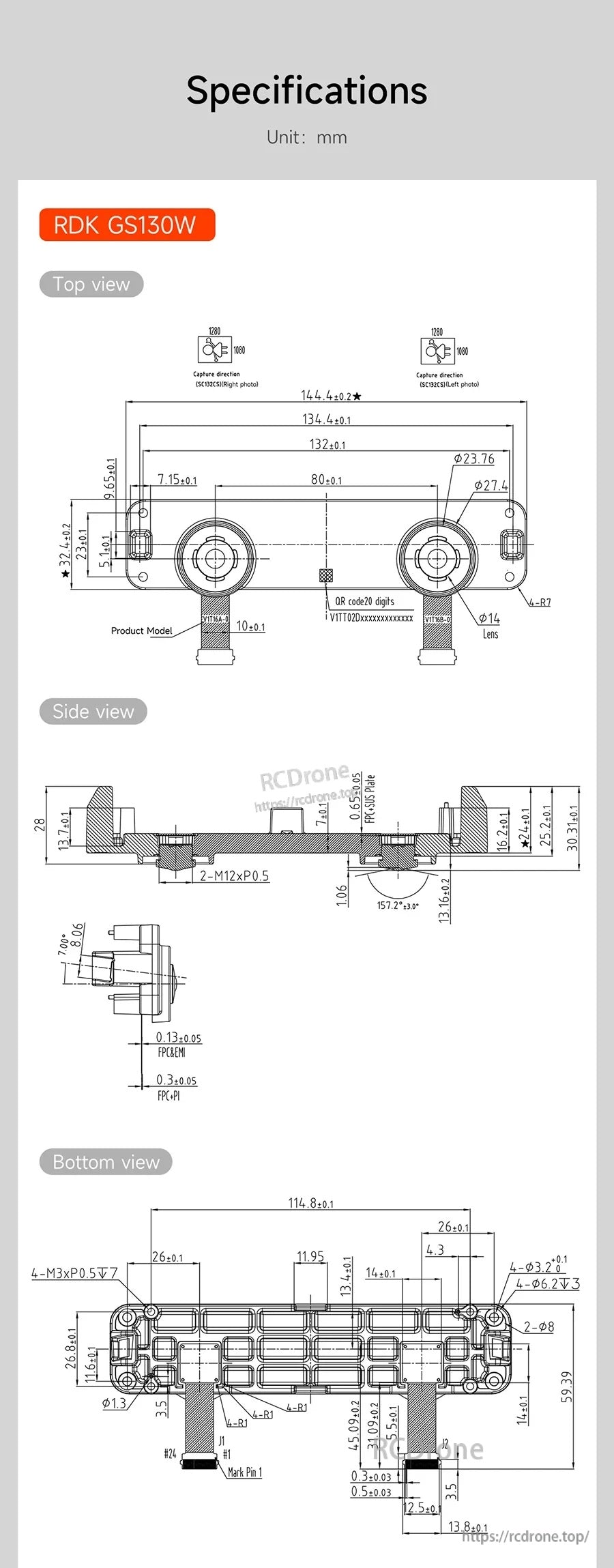 RDK GS130W mechanical drawing with top, side, and bottom dimensions in millimeters