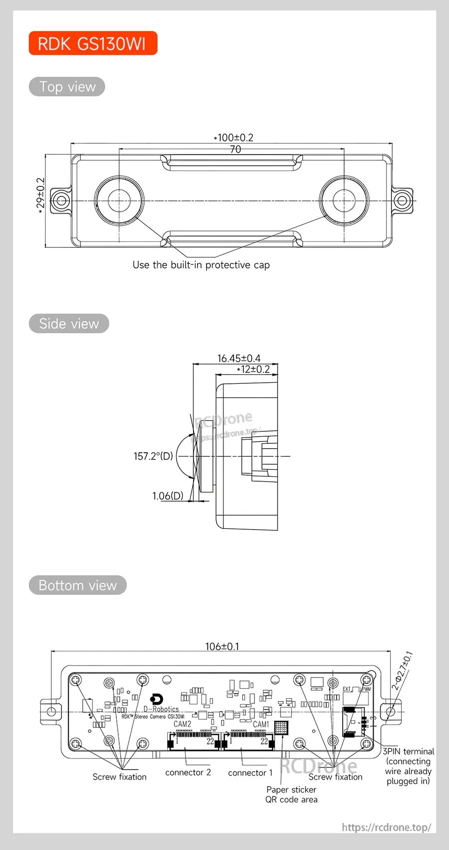 RDK GS130WI mechanical drawing with top/side/bottom views and connector callouts in millimeters