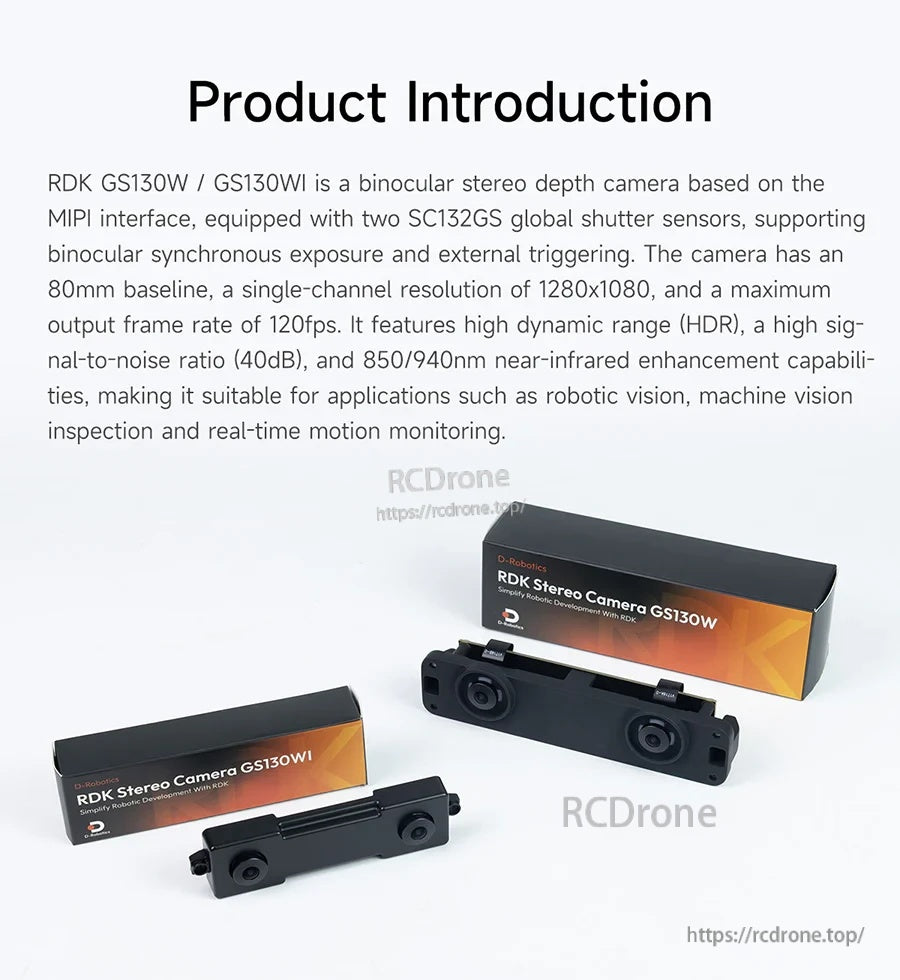 GS130W and GS130WI stereo camera modules side-by-side with boxes on white background