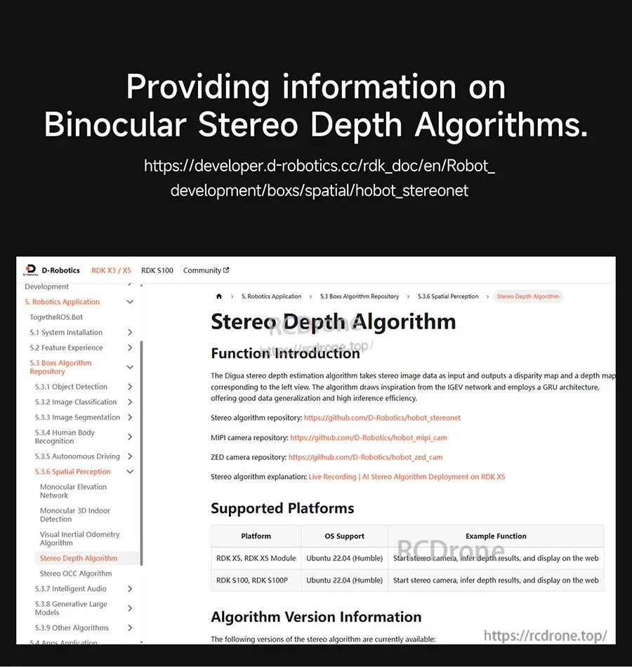 D-Robotics documentation page screenshot for binocular stereo depth algorithm support information