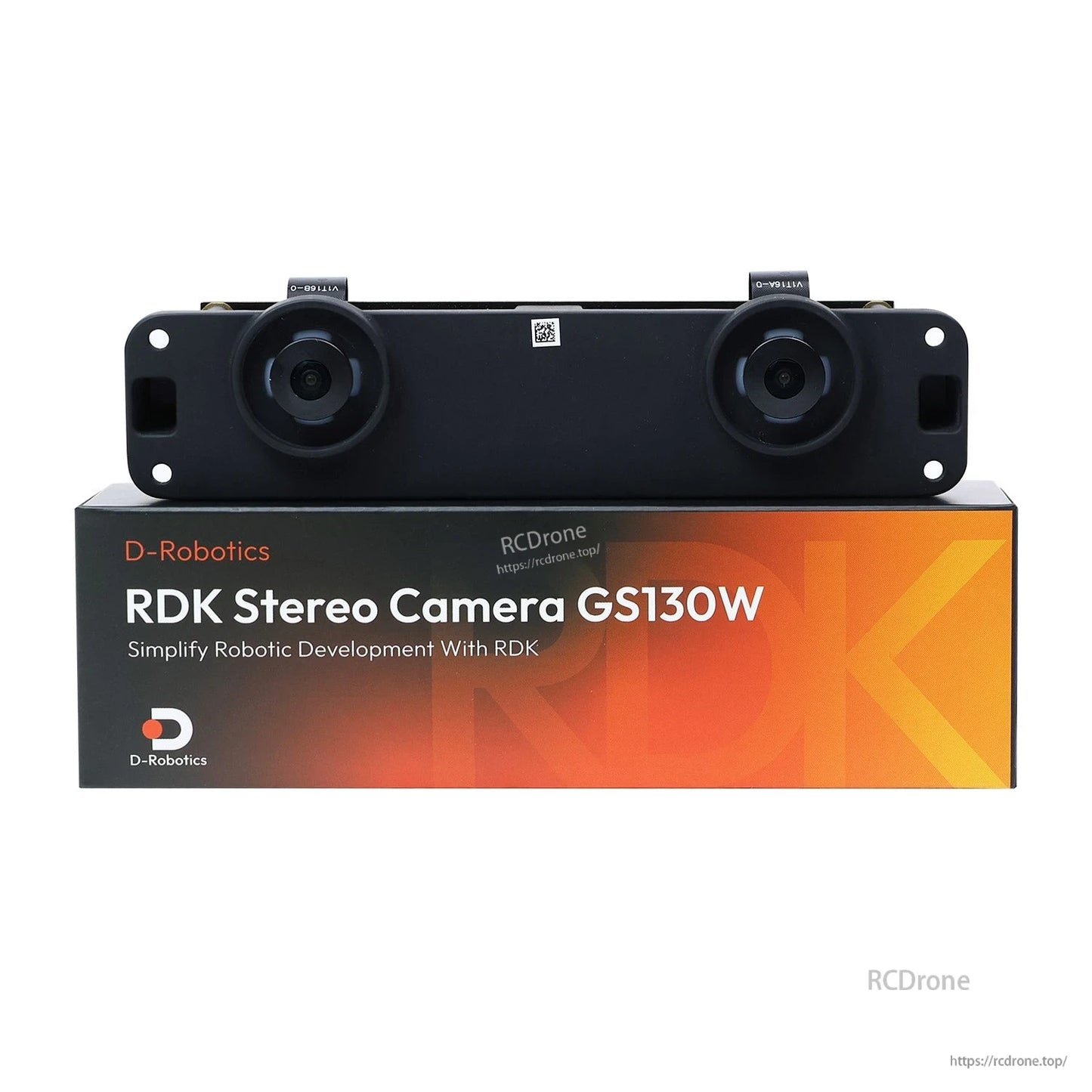 RDK Stereo Camera GS130W front view on product box, dual lenses facing forward