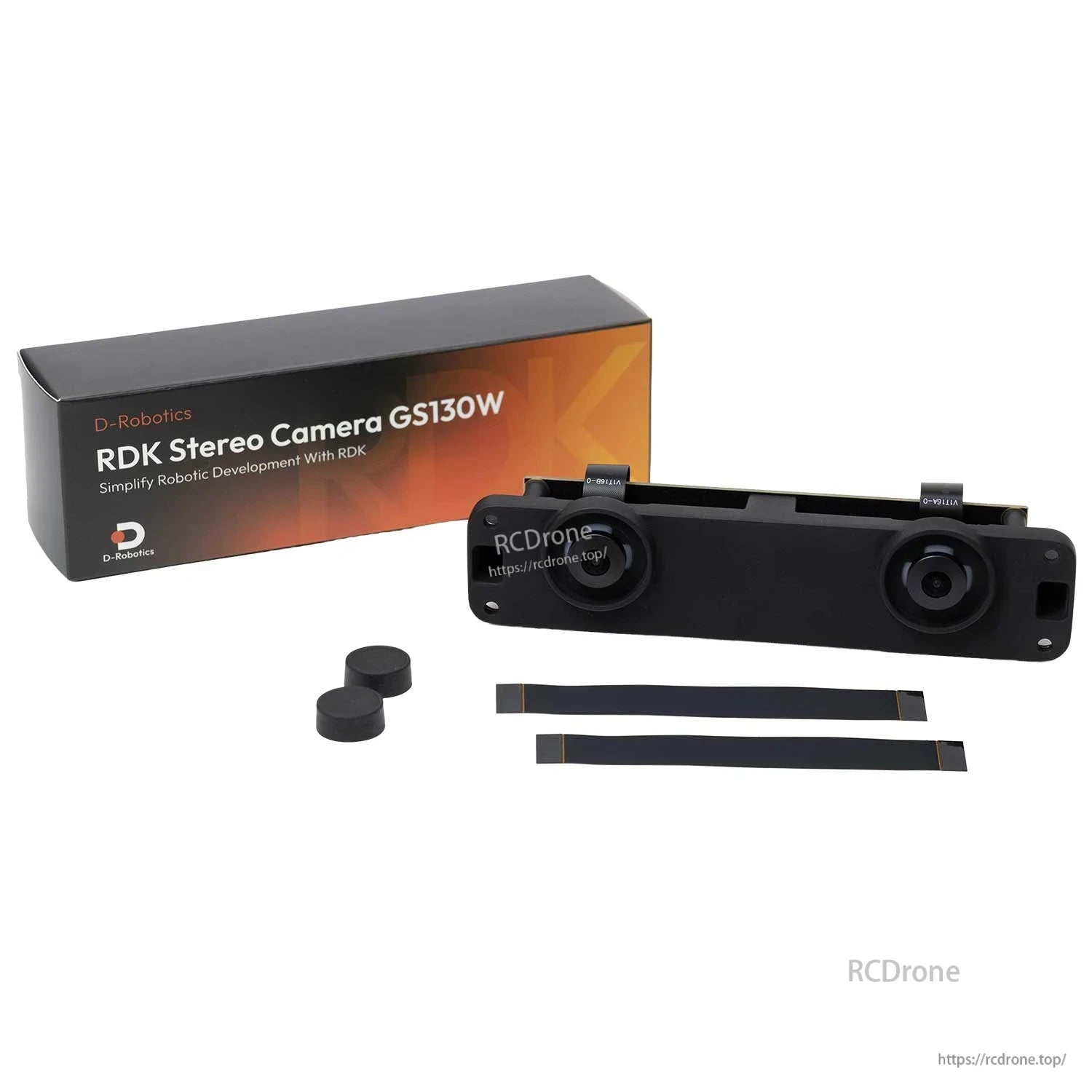 GS130W package contents: stereo camera, box, two lens caps, and two flat ribbon cables