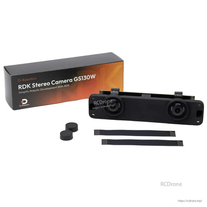 GS130W package contents: stereo camera, box, two lens caps, and two flat ribbon cables