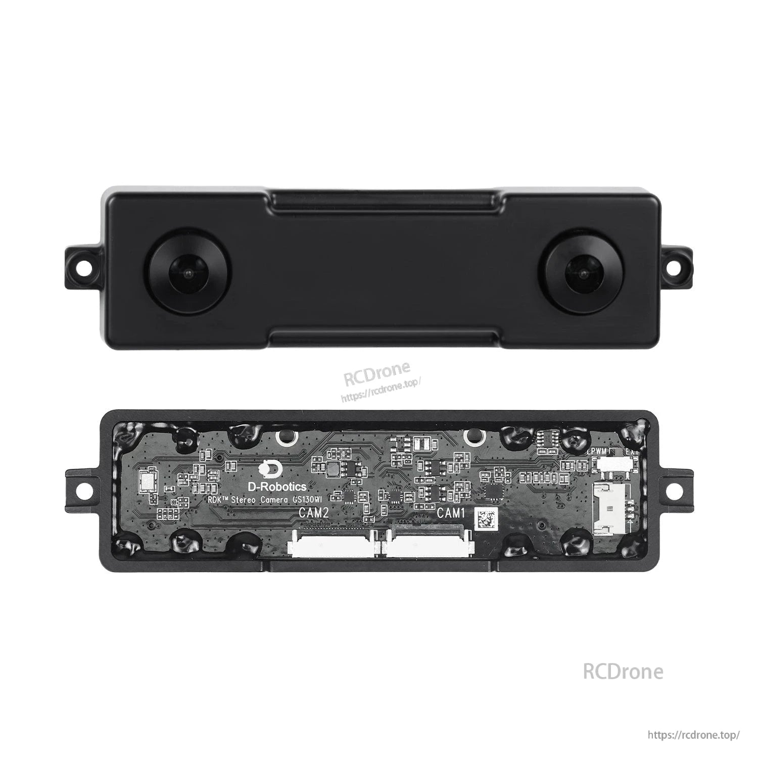 GS130WI front housing and rear PCB shown together, labeled CAM1 and CAM2 connectors