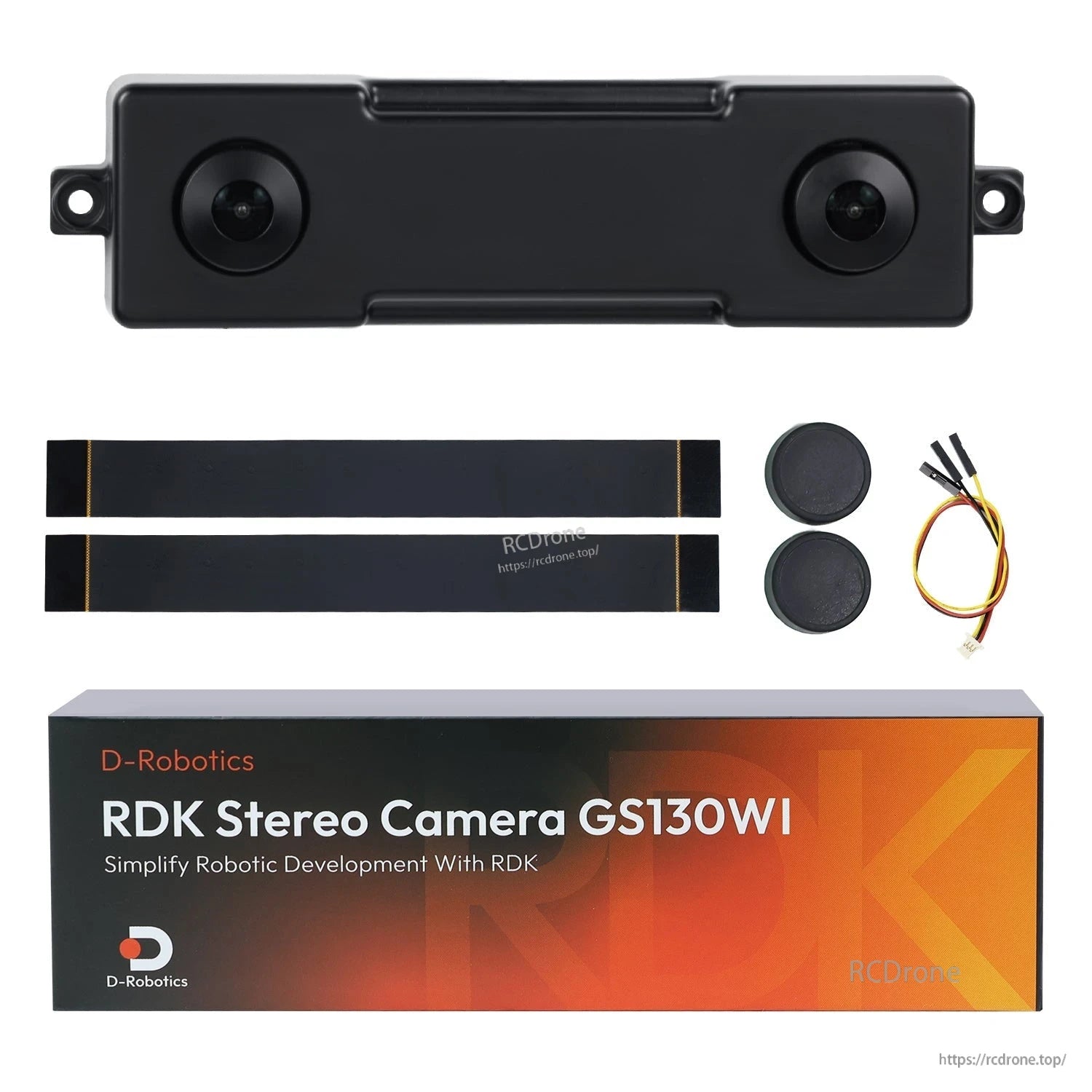 GS130WI kit layout with camera, two ribbon cables, two lens caps, IMU cable, and retail box
