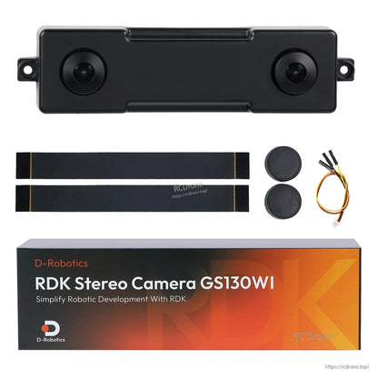 GS130WI kit layout with camera, two ribbon cables, two lens caps, IMU cable, and retail box
