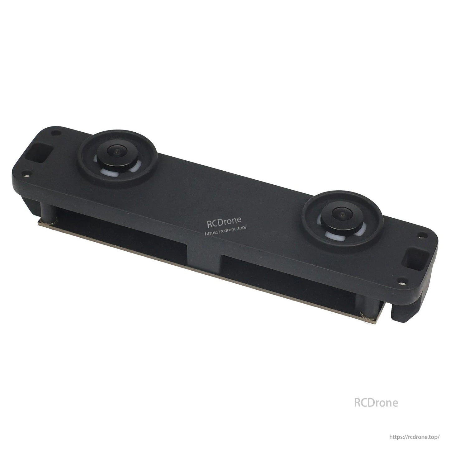 Angled perspective of dual-lens stereo camera module body showing housing and mounting holes