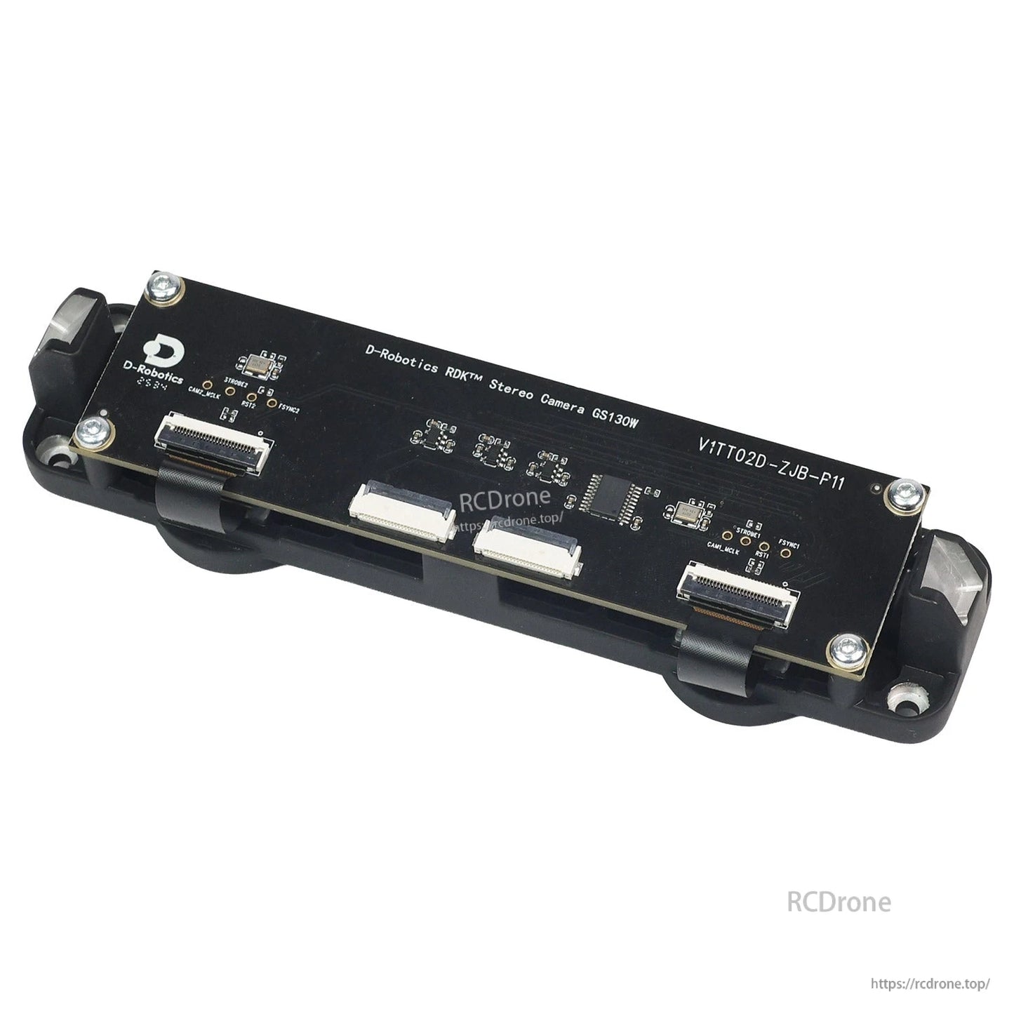 Rear PCB view of RDK stereo camera GS130W showing board markings and ribbon connectors