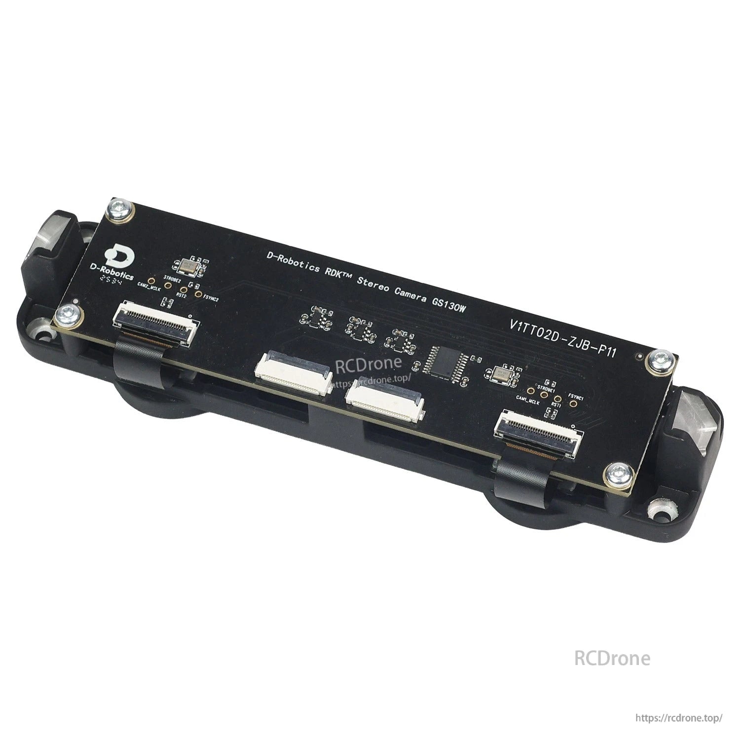 Rear PCB view of RDK stereo camera GS130W showing board markings and ribbon connectors