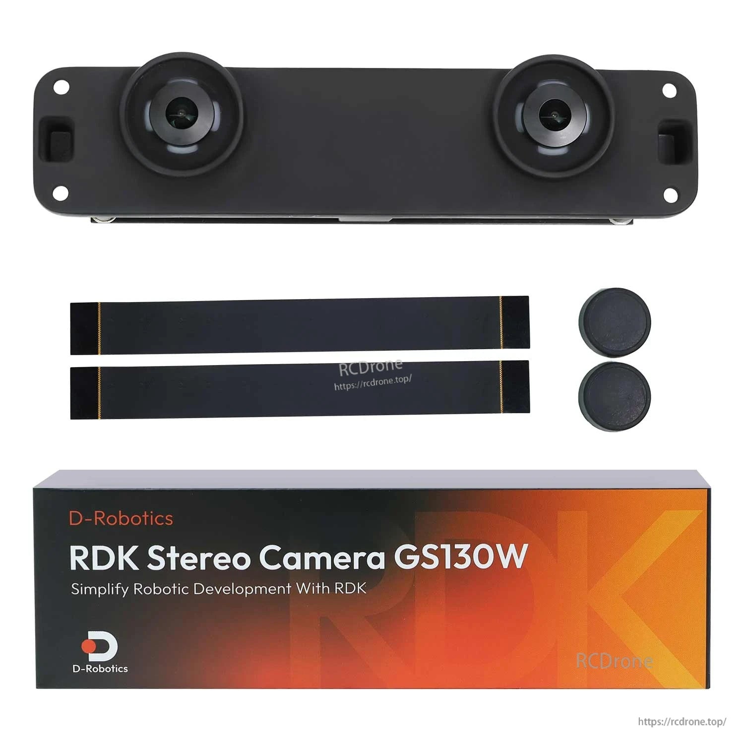 GS130W kit layout with stereo camera, two ribbon cables, two lens caps, and retail box