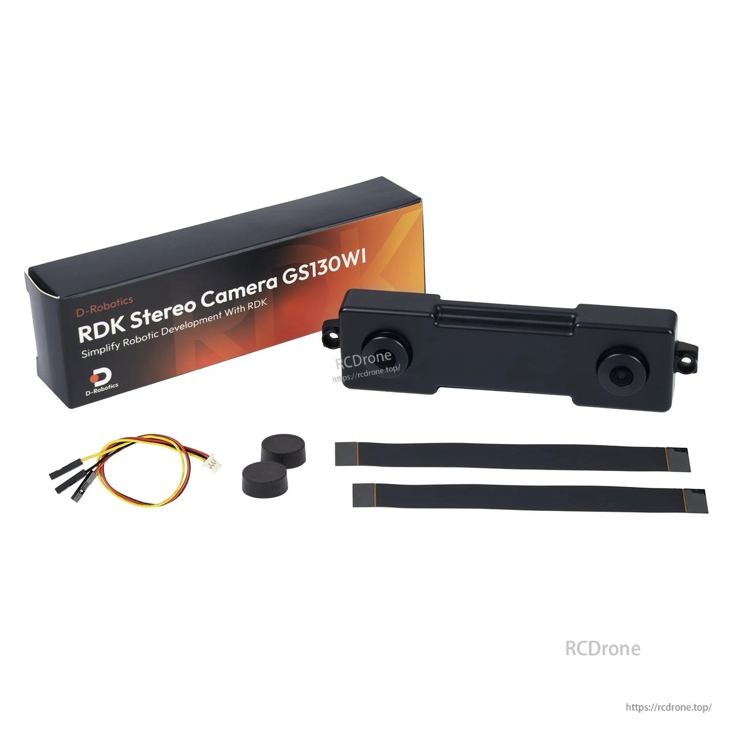 GS130WI package contents: camera, box, ribbon cables, lens caps, and IMU connecting cable