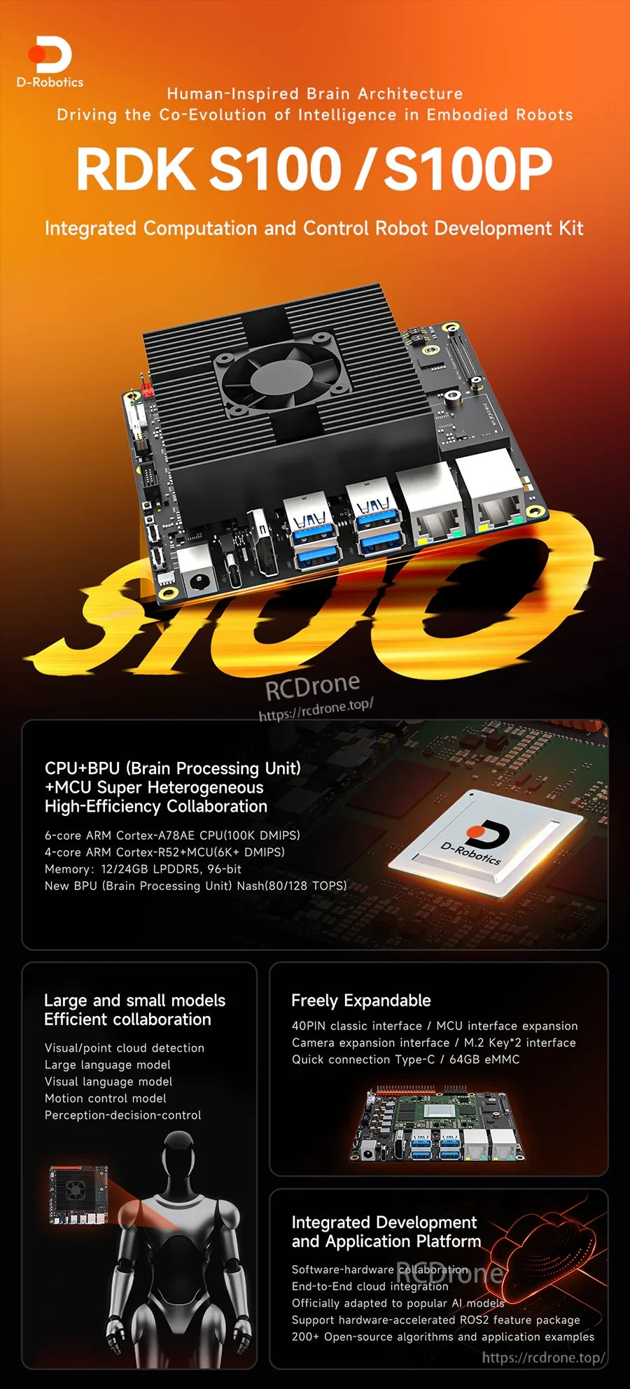 D-Robotics RDK S100/S100P developer kit for embodied robots with 80/128 TOPS BPU and dual-brain architecture