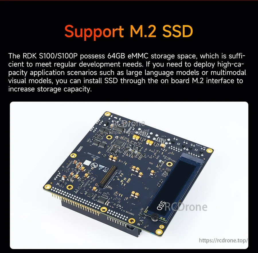 RDK S100/S100P board underside highlighting onboard M.2 slot for SSD expansion beyond 64GB eMMC