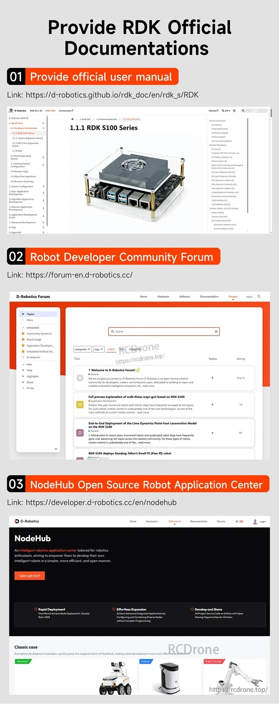 Links to official RDK documentation, robot developer community forum, and NodeHub open-source application center