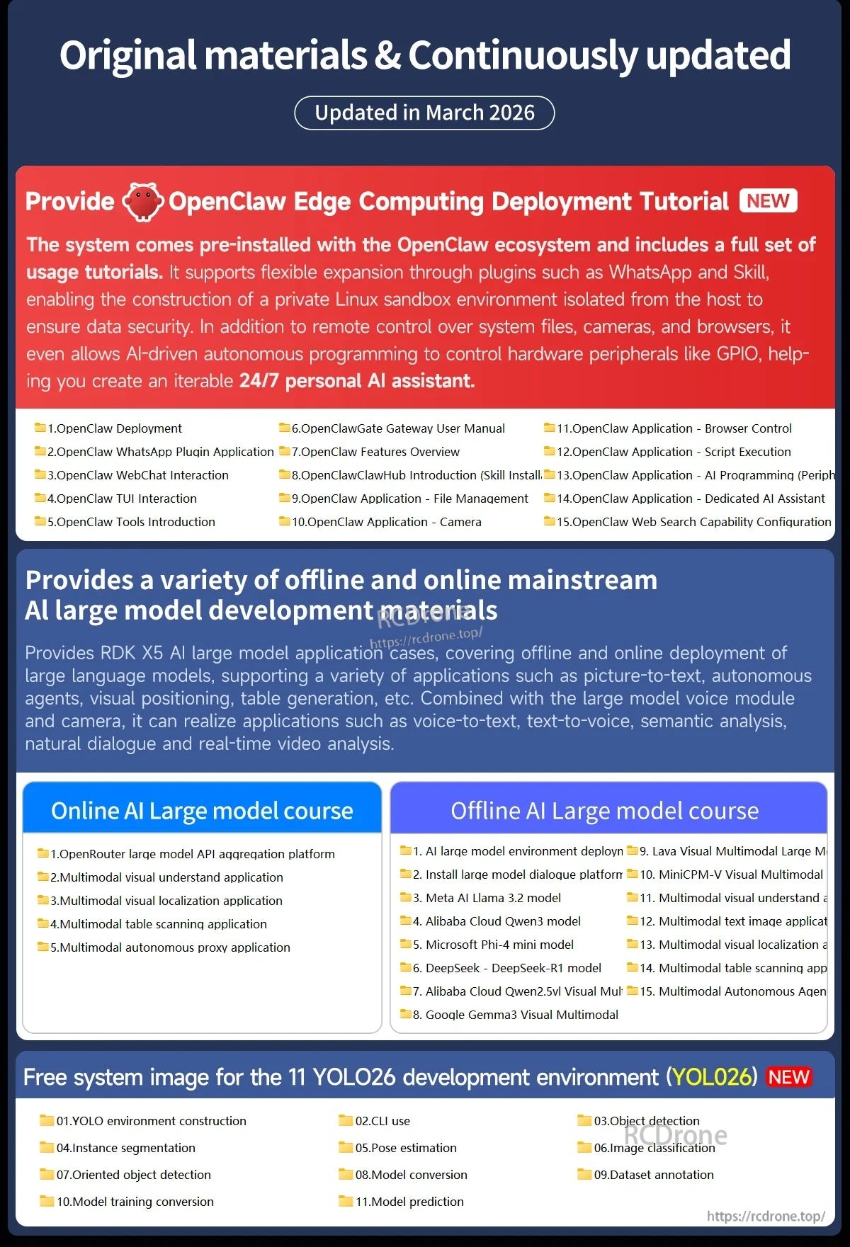 OpenClaw tutorials and system images for RDK S100/S100P, including online and offline AI large model courses