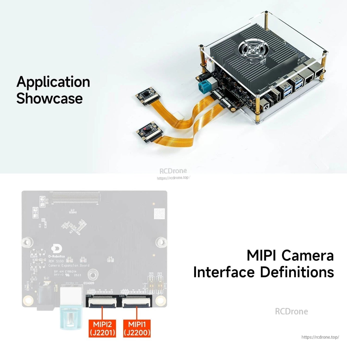Application showcase: expansion board installed on RDK S100 system with two ribbon-connected camera modules and MIPI port labels