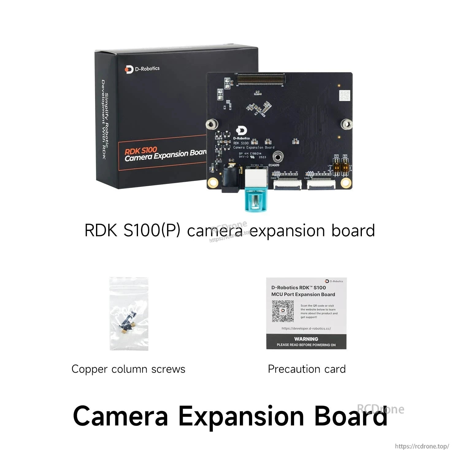RDK S100(P) camera expansion board kit layout showing board, retail box, copper column screws, and precaution card