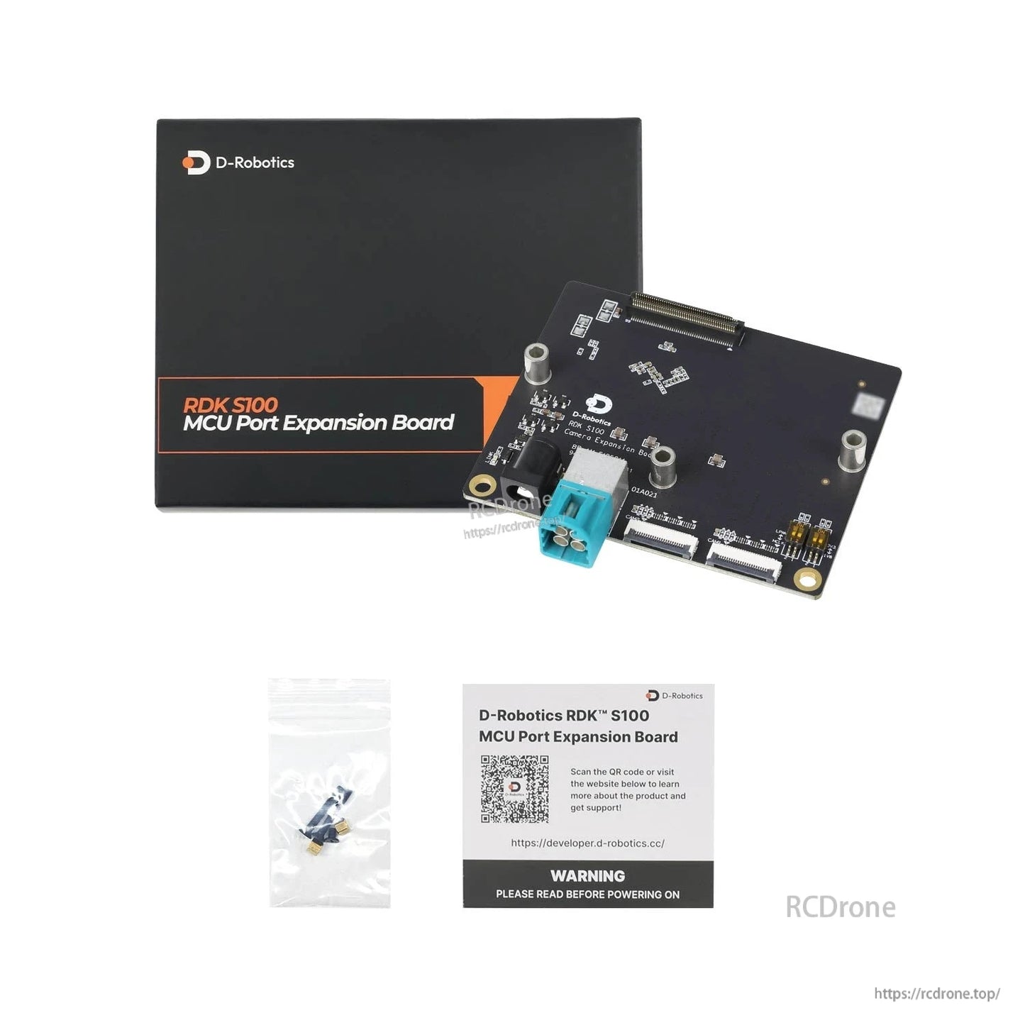 Product package set with D-Robotics box, expansion board, small screw bag, and precaution card