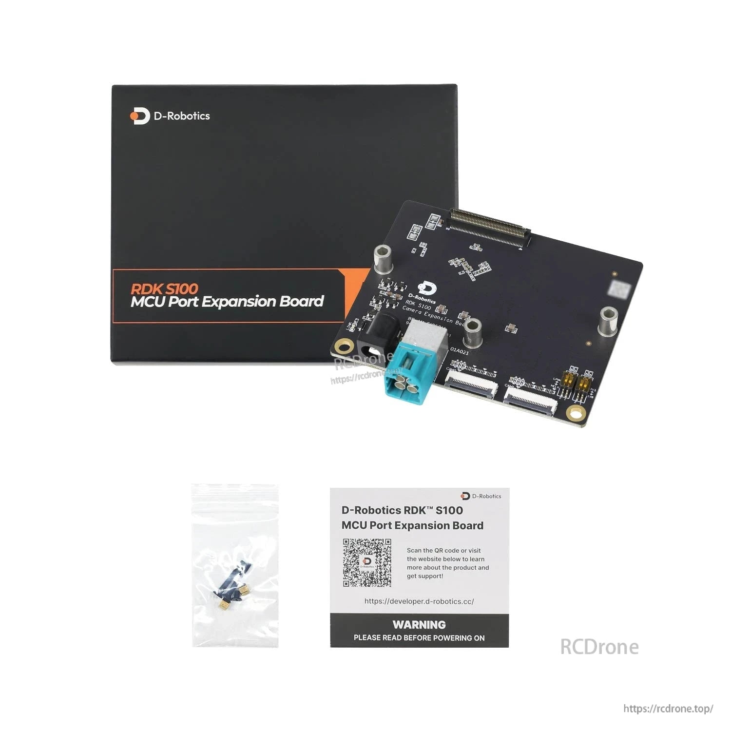 Product package set with D-Robotics box, expansion board, small screw bag, and precaution card