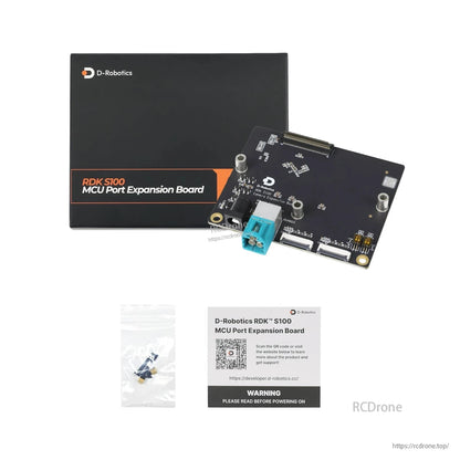 Product package set with D-Robotics box, expansion board, small screw bag, and precaution card