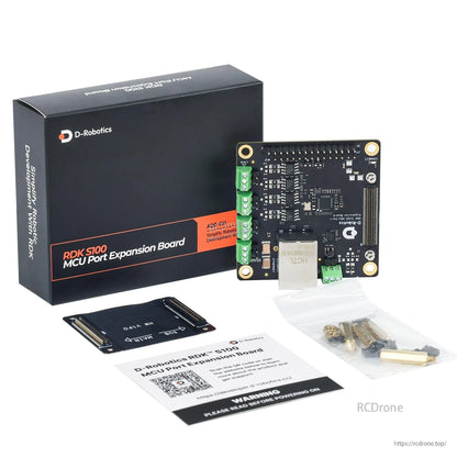 RDK S100 MCU port expansion board kit with retail box, adapter board, documentation card, and mounting hardware