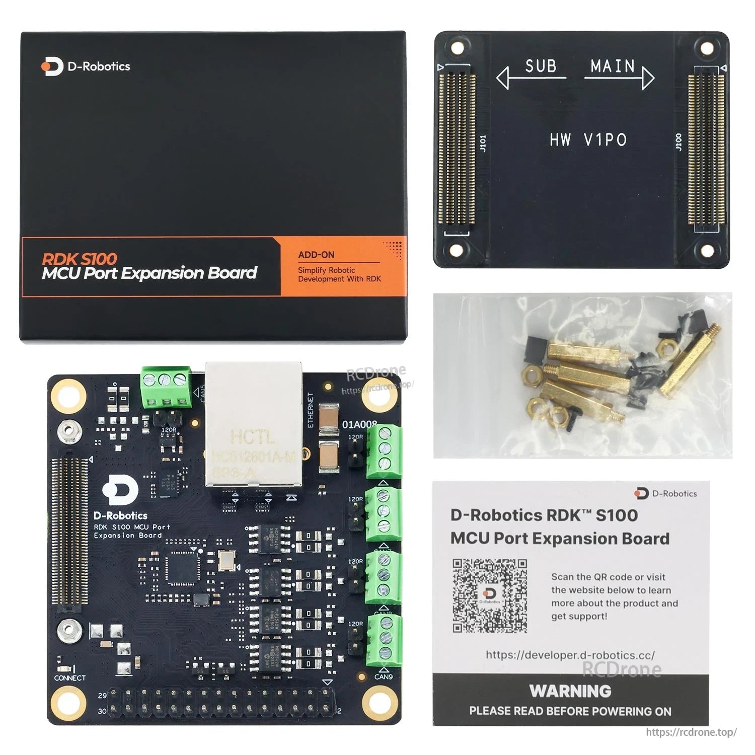 Package contents collage: RDK S100 MCU Port Expansion Board, SUB/MAIN adapter board, screws, and warning card