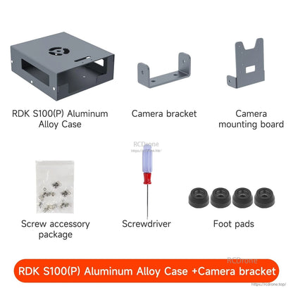 Kit with camera bracket layout labeled: case, camera bracket, camera mounting board, screws, foot pads, screwdriver