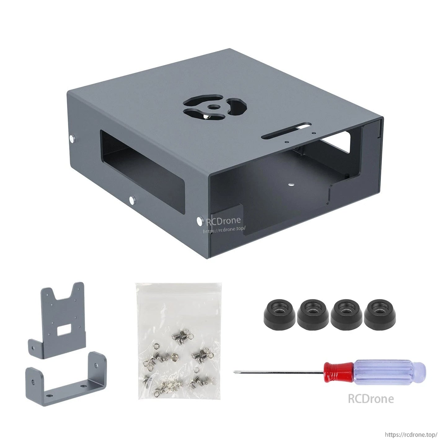 Package contents with camera bracket parts: case shell, bracket pieces, screws, foot pads, screwdriver