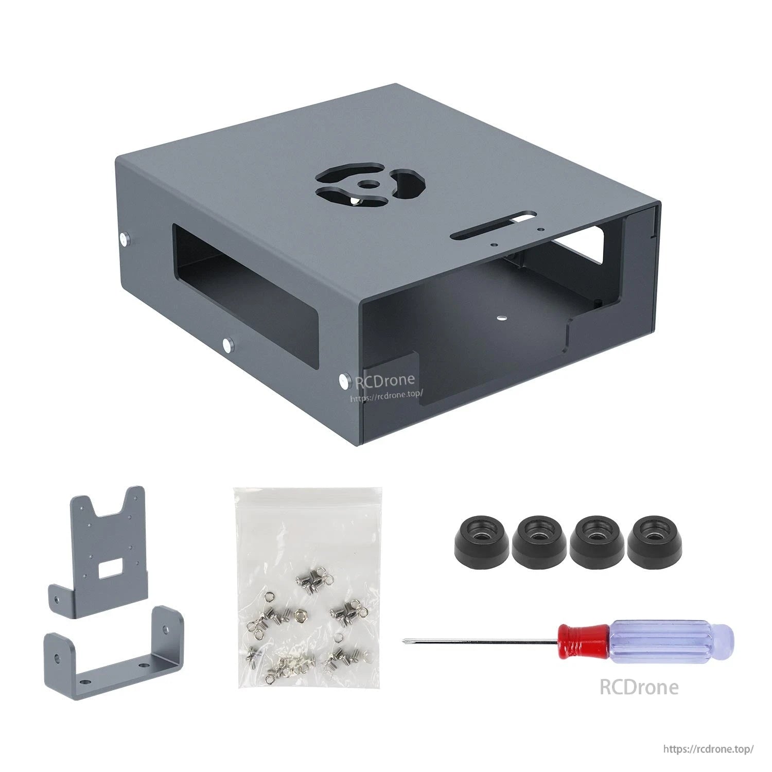 Package contents with camera bracket parts: case shell, bracket pieces, screws, foot pads, screwdriver