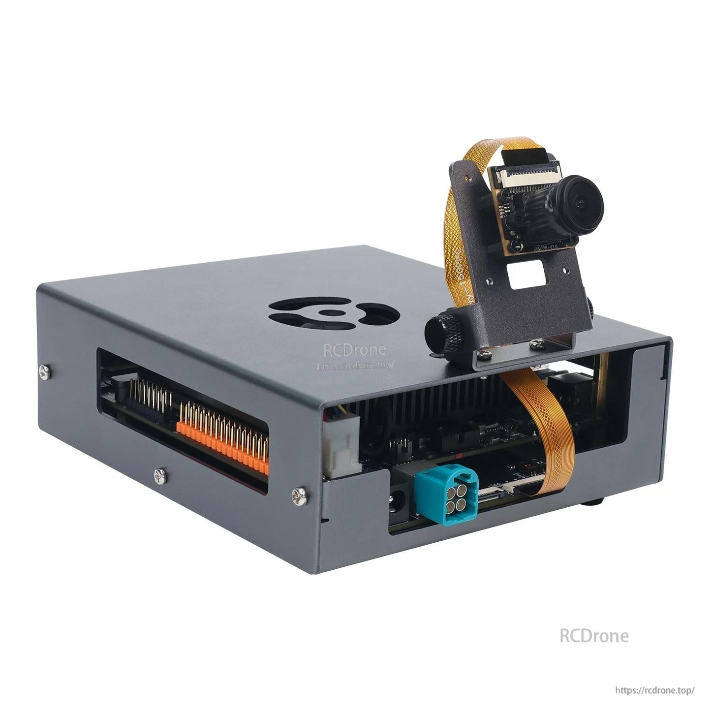 Case installed with camera module on bracket, ribbon cable routed into enclosure through top opening
