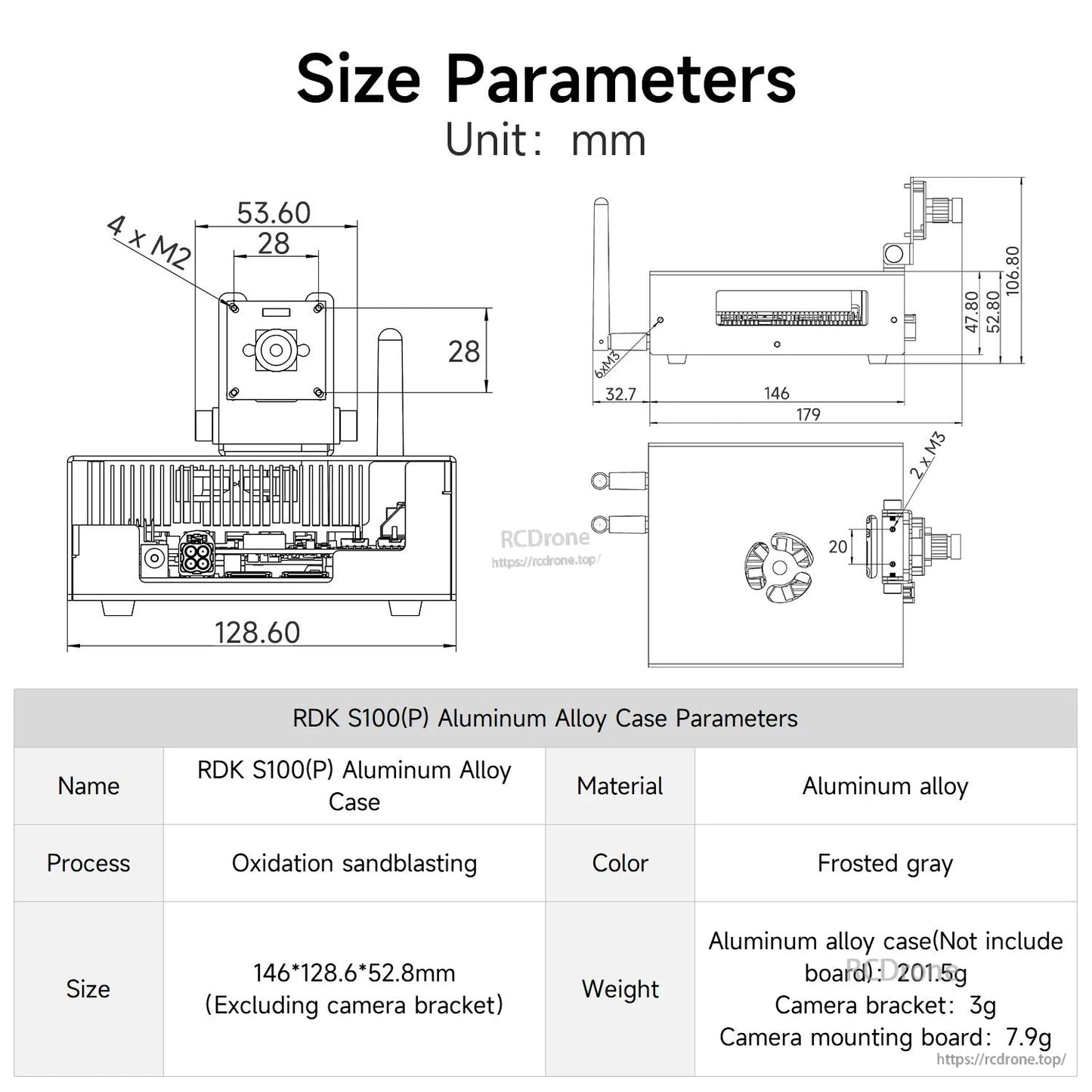 RDK S100(P) aluminum alloy case size parameters drawing with dimensions and material/color table
