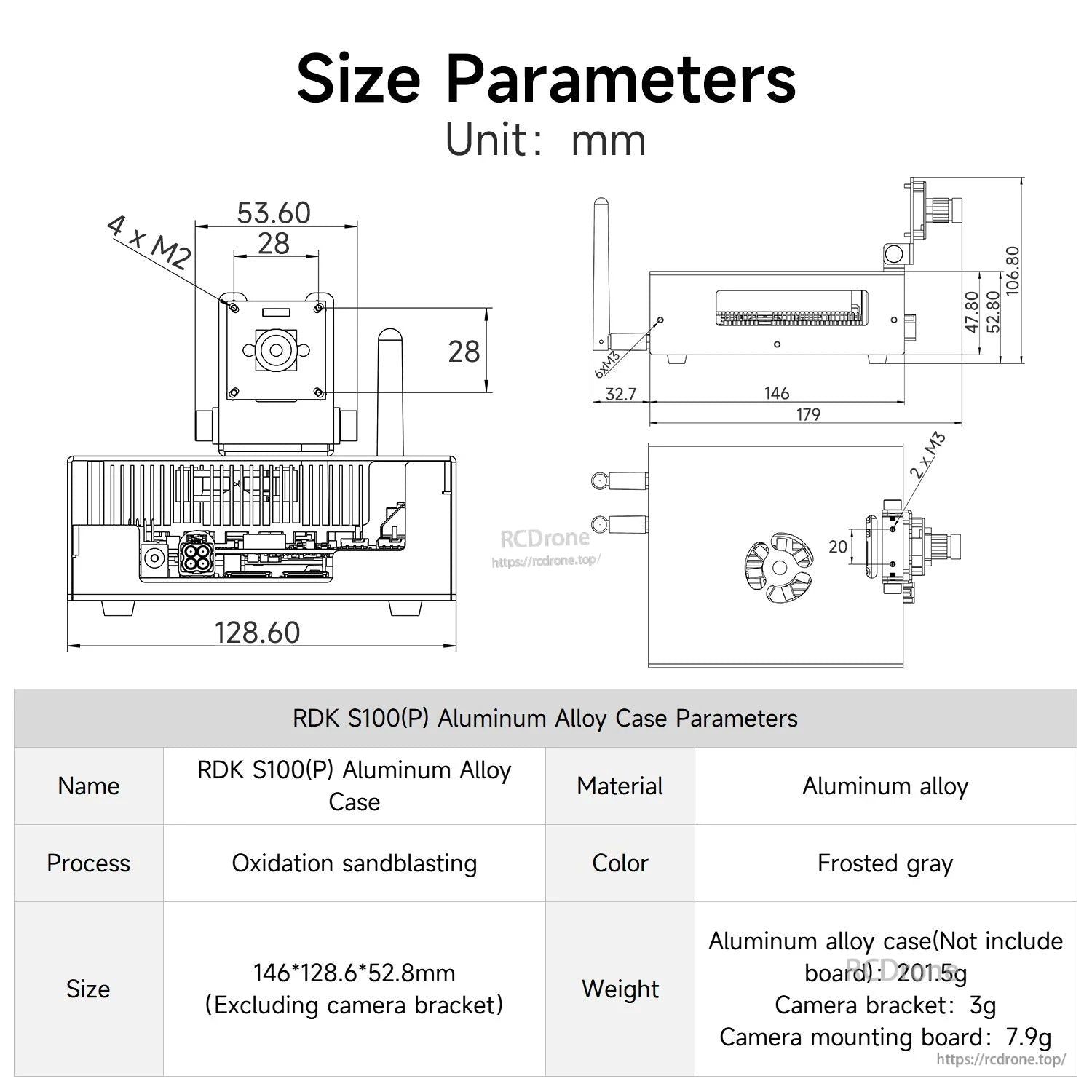RDK S100(P) aluminum alloy case size parameters drawing with dimensions and material/color table