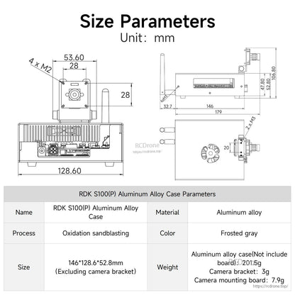 RDK S100(P) aluminum alloy case size parameters drawing with dimensions and material/color table