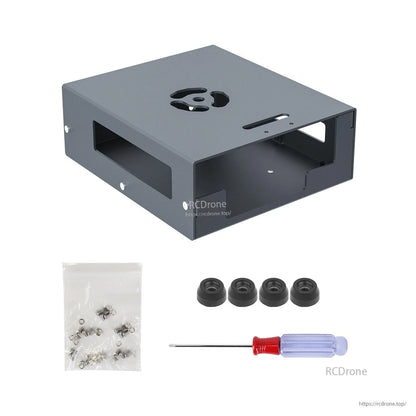 Package contents: frosted gray case shell, screw set, four rubber foot pads, and screwdriver