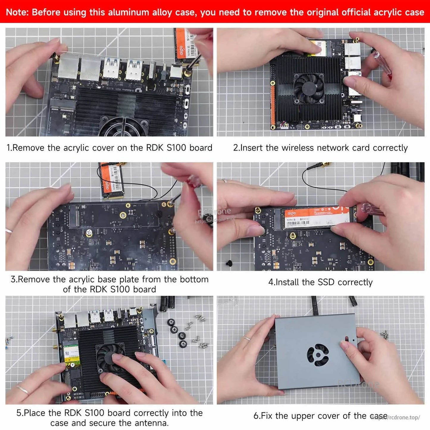 RDK S100 board installation steps for aluminum case: remove acrylic cover, insert card/SSD, fit top cover