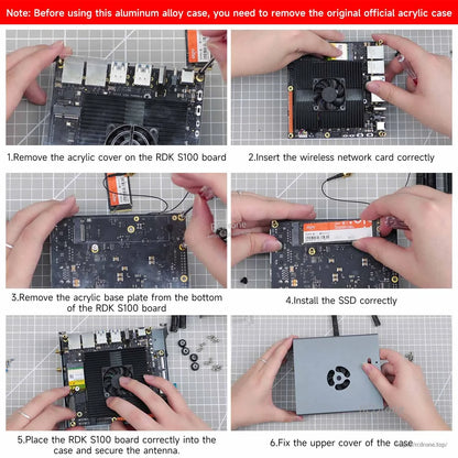 RDK S100 board installation steps for aluminum case: remove acrylic cover, insert card/SSD, fit top cover