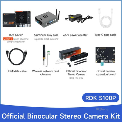 D-Robotics RDK S100P developer kit contents with aluminum case, power adapter, cables, Wi‑Fi antenna, stereo camera and expansion board