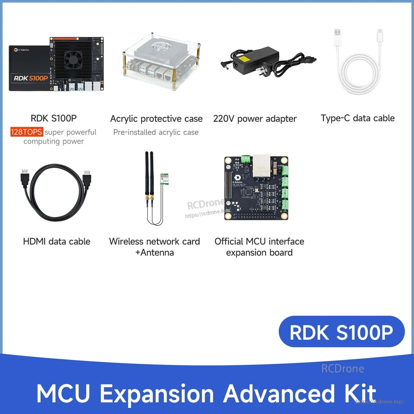 D-Robotics RDK S100P MCU Expansion Advanced Kit with acrylic case, power adapter, Type-C and HDMI cables