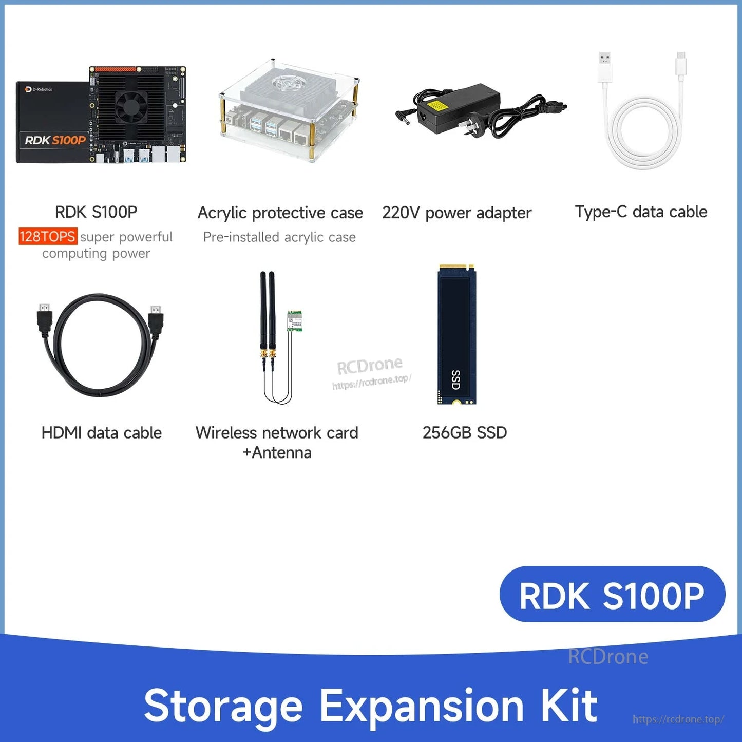D-Robotics RDK S100P storage expansion kit with acrylic case, 220V adapter, USB-C, HDMI, Wi‑Fi card, 256GB SSD
