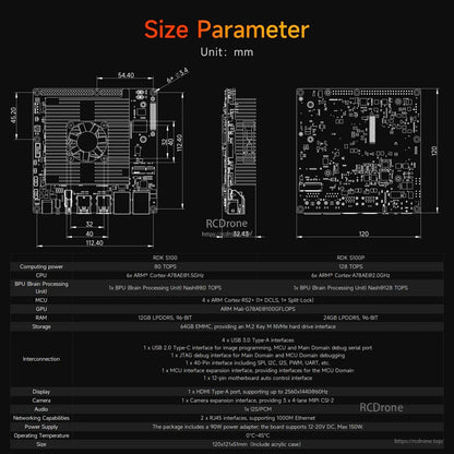 RDK S100/S100P size parameter drawing with board dimensions and specification table