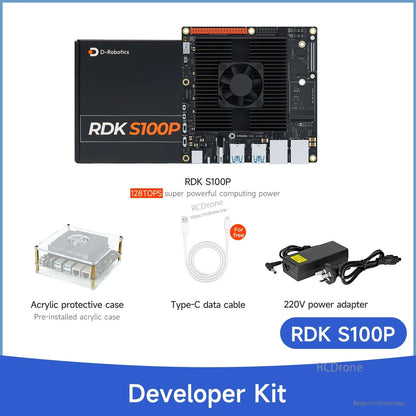 D-Robotics RDK S100P developer kit contents: board, retail box, acrylic case, Type‑C cable, 220V adapter
