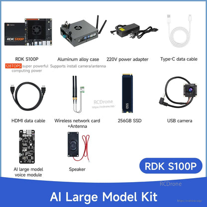 D-Robotics RDK S100P developer kit contents with case, 220V adapter, Type‑C/HDMI cables, SSD, camera and Wi‑Fi antenna