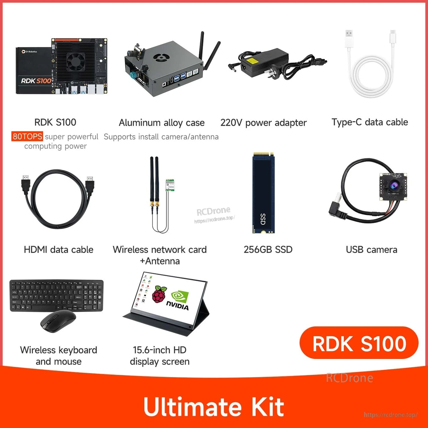 RDK S100 Ultimate Kit contents with 256GB SSD, USB camera, 15.6-inch display, and wireless keyboard/mouse