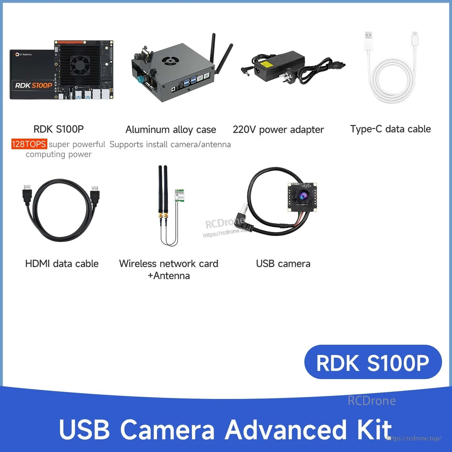 D-Robotics RDK S100P developer kit contents with board, aluminum case, 220V adapter, HDMI, Type‑C, Wi‑Fi card and USB camera